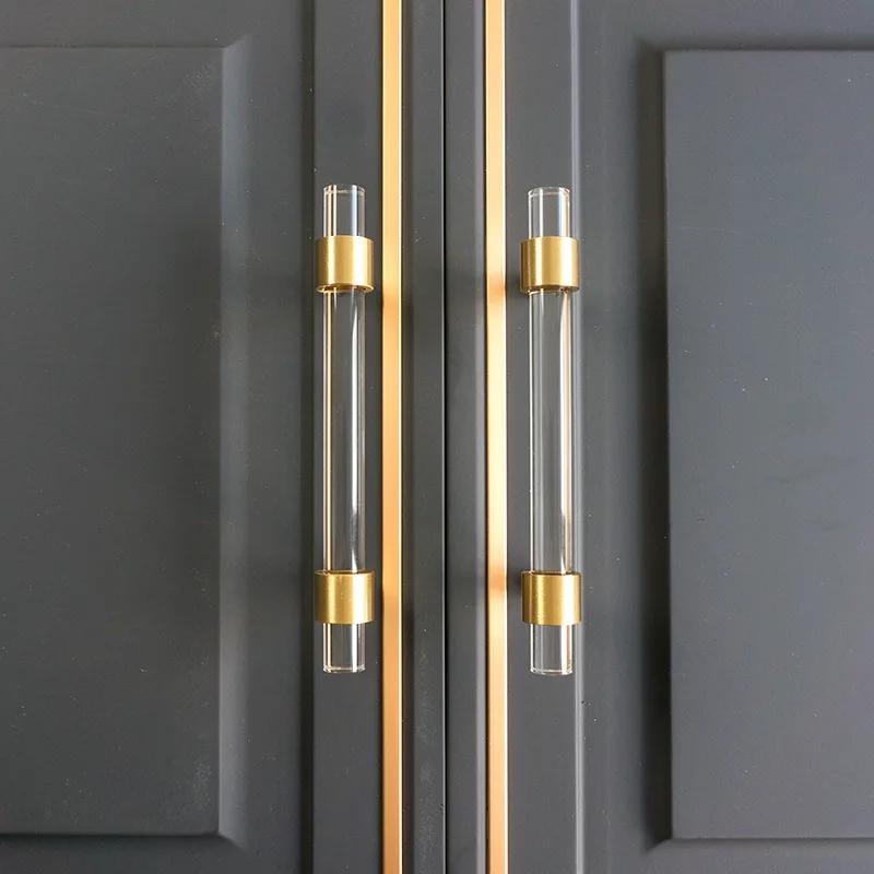 Acrylic brass strip handle modern minimalist cabinet golden transparent drawer wardrobe furniture light luxury door